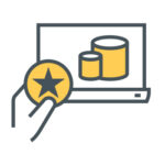 Icon of a hand holding a yellow circle with a star in it in front of a laptop with a graph on it